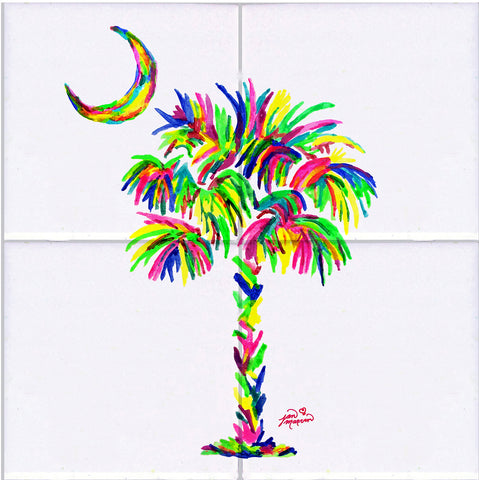 Palmetto Tree & Moon Colorful Tile Mural, High Quality (won't fade), Indoor or Outdoor, Beach Wall Tiles, Backsplash, Shower, Mosaic