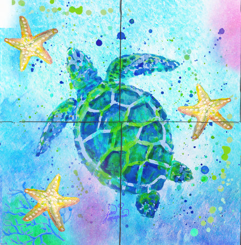 Turtle with Starfish Tile Mural, High Quality (won't fade), Indoor or Outdoor, Wall Tiles, Backsplash, Shower, Mosaic