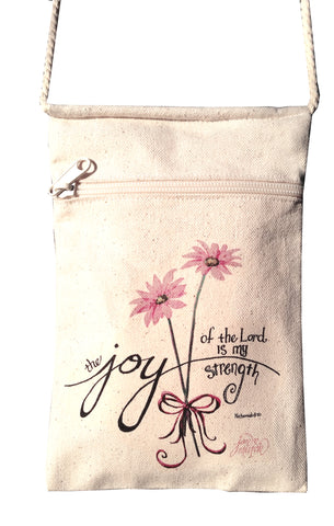 Joy of the Lord Small Cell Phone Crossbody Cotton Purse with Pink Daisies