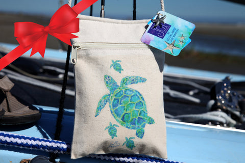 Sea Turtle Cell Phone Crossbody Purse, Cotton Canvas, small tote bag, FREE starfish pendant