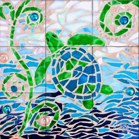 Turtle Turquoise Mosaic Tile Mural, High Quality (won't fade), Indoor or Outdoor, Beach Wall Tiles, Backsplash, Shower